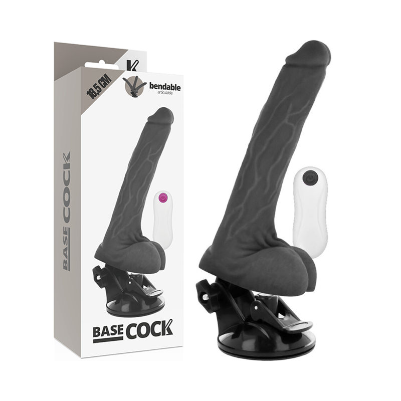 BASECOCK - Realistisk bøyelig vibrerende dildo med fjernkontroll Sort 18,5 cm