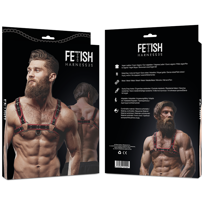 FETISH SUBMISSIVE ATTITUDE - Brystharness i Økoskinn for Menn Sort/Rød