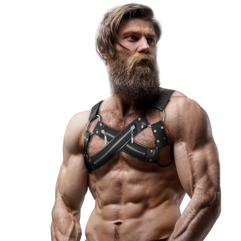 FETISH SUBMISSIVE ATTITUDE - Justerbart Kryssende Bulldog Brystharness i Neopren med Glidelås for Menn