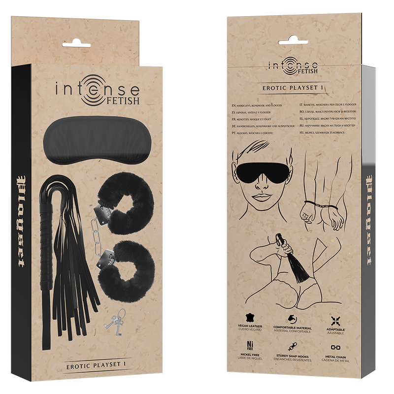 INTENSE - Fetish Erotic Playset 1 med håndjern, øyemaske og flogger