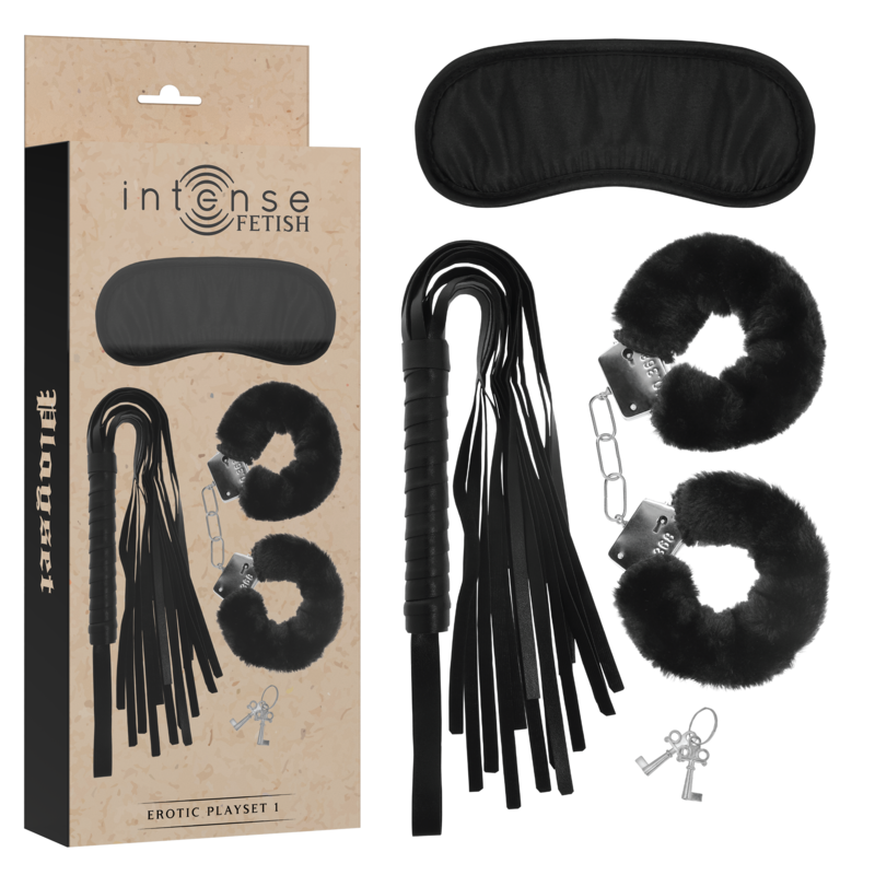 INTENSE - Fetish Erotic Playset 1 med håndjern, øyemaske og flogger