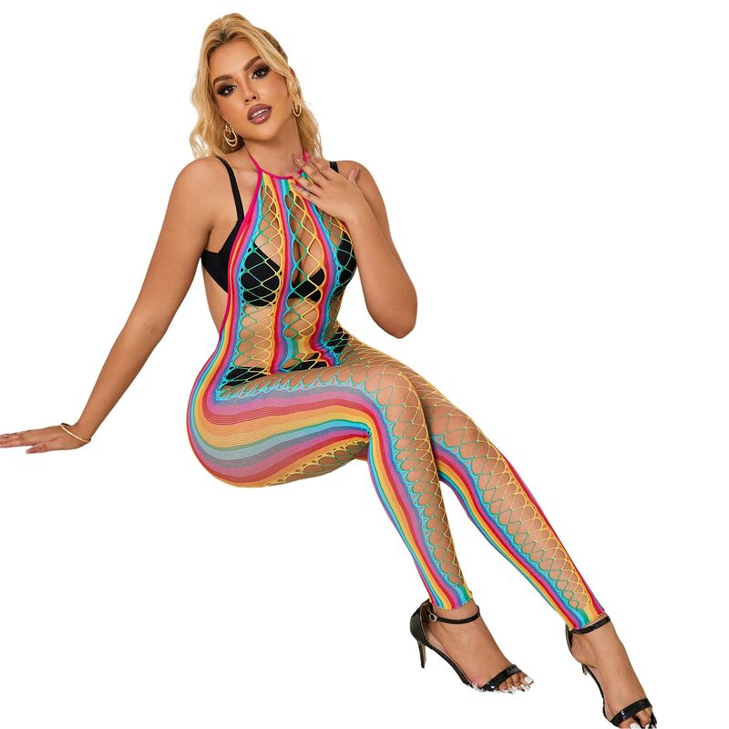 SUBBLIME - Nettingbodystocking med Halterhals Regnbue