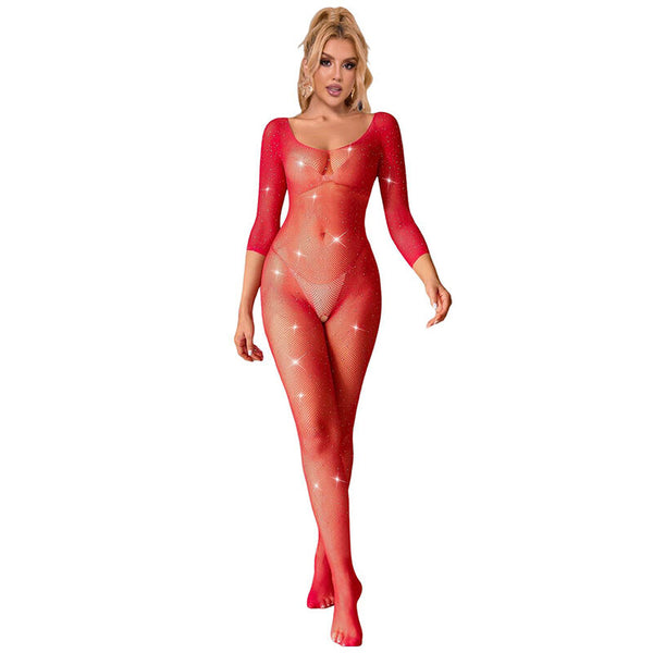 SUBBLIME - Langermet Nettingbodystocking med Rutemønster Rød
