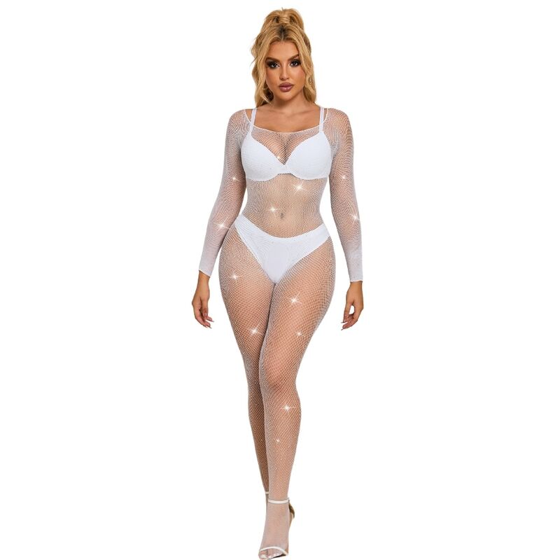 SUBBLIME - Langermet Nettingbodystocking med Rutemønster Hvit