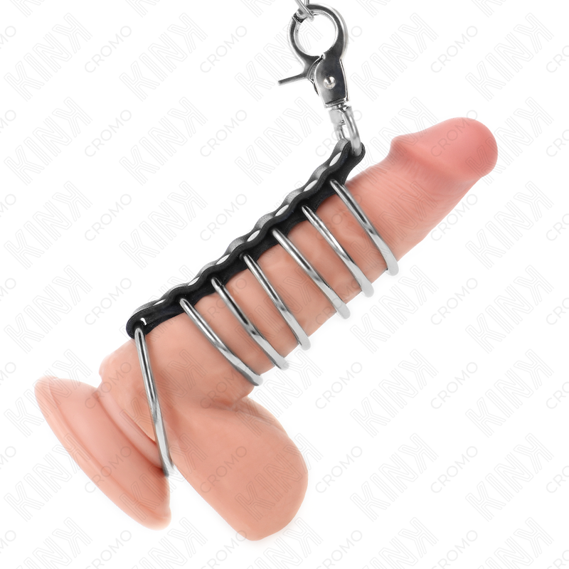KINK - 7 Penisringer i Metall med Skinn- og Metallkjede 100 cm