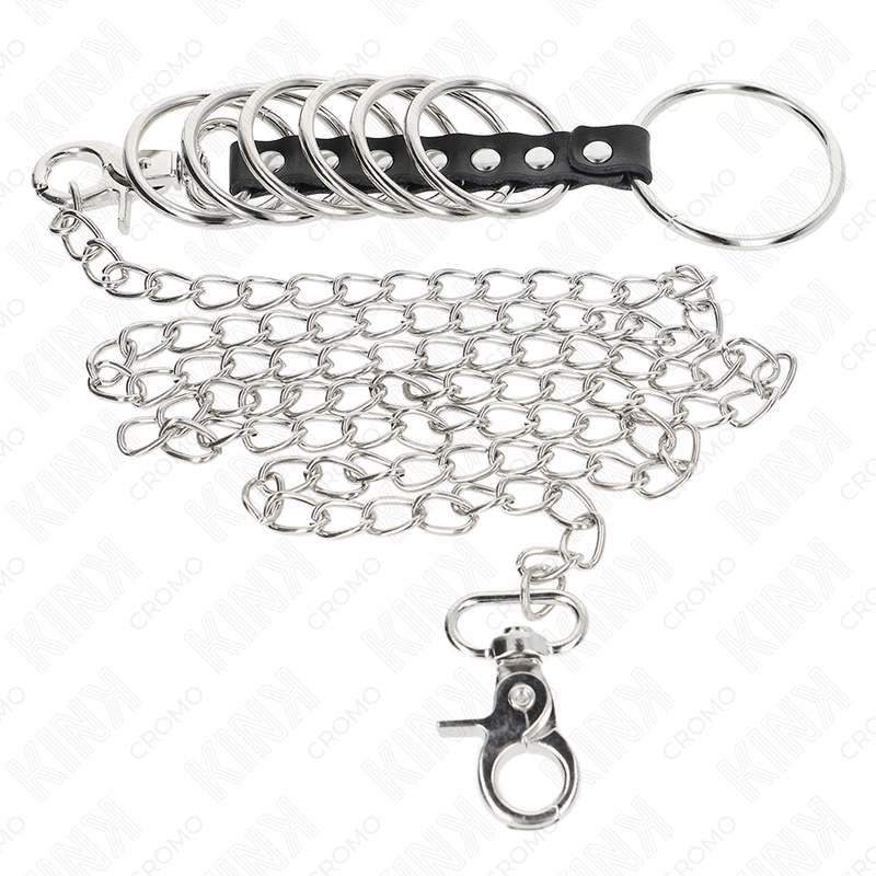 KINK - 7 Penisringer i Metall med Skinn- og Metallkjede 100 cm