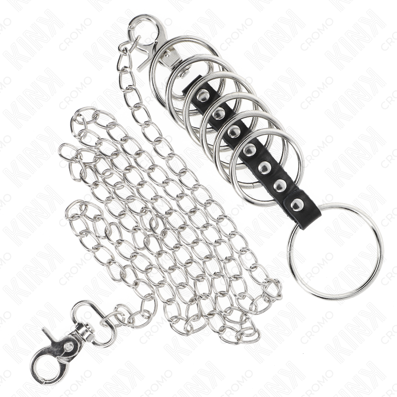 KINK - 7 Penisringer i Metall med Skinn- og Metallkjede 100 cm