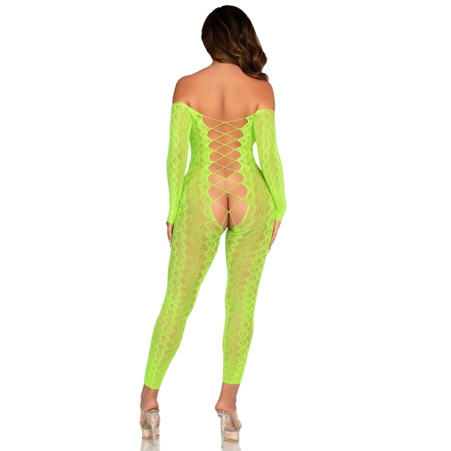 LEG AVENUE - Bodystocking med Åpen Skritt Slangemønster Neongrønn