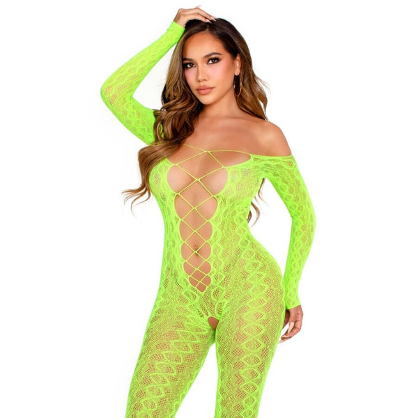 LEG AVENUE - Bodystocking med Åpen Skritt Slangemønster Neongrønn
