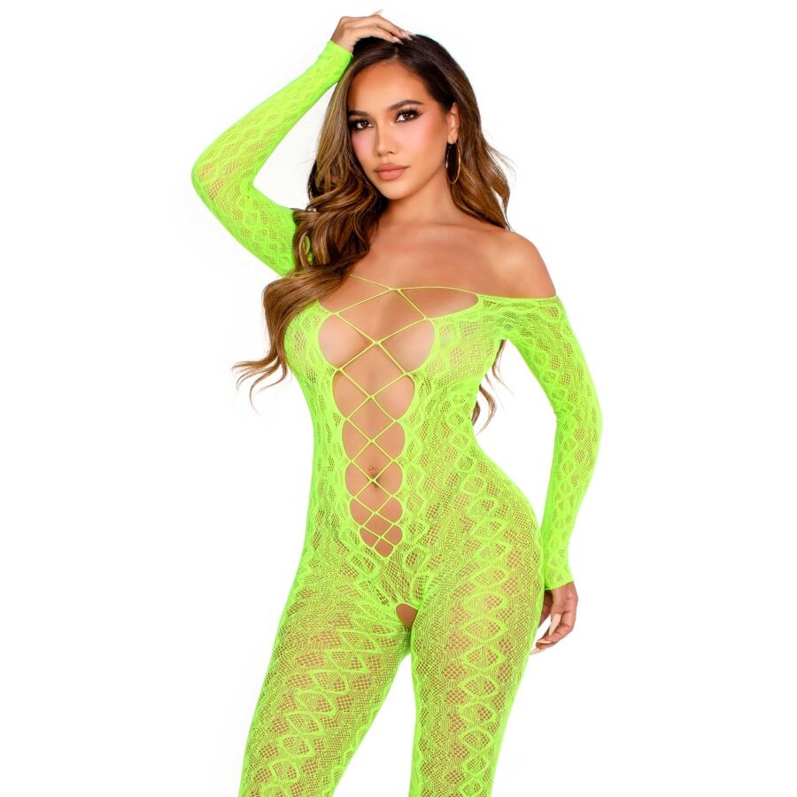 LEG AVENUE - Bodystocking med Åpen Skritt Slangemønster Neongrønn