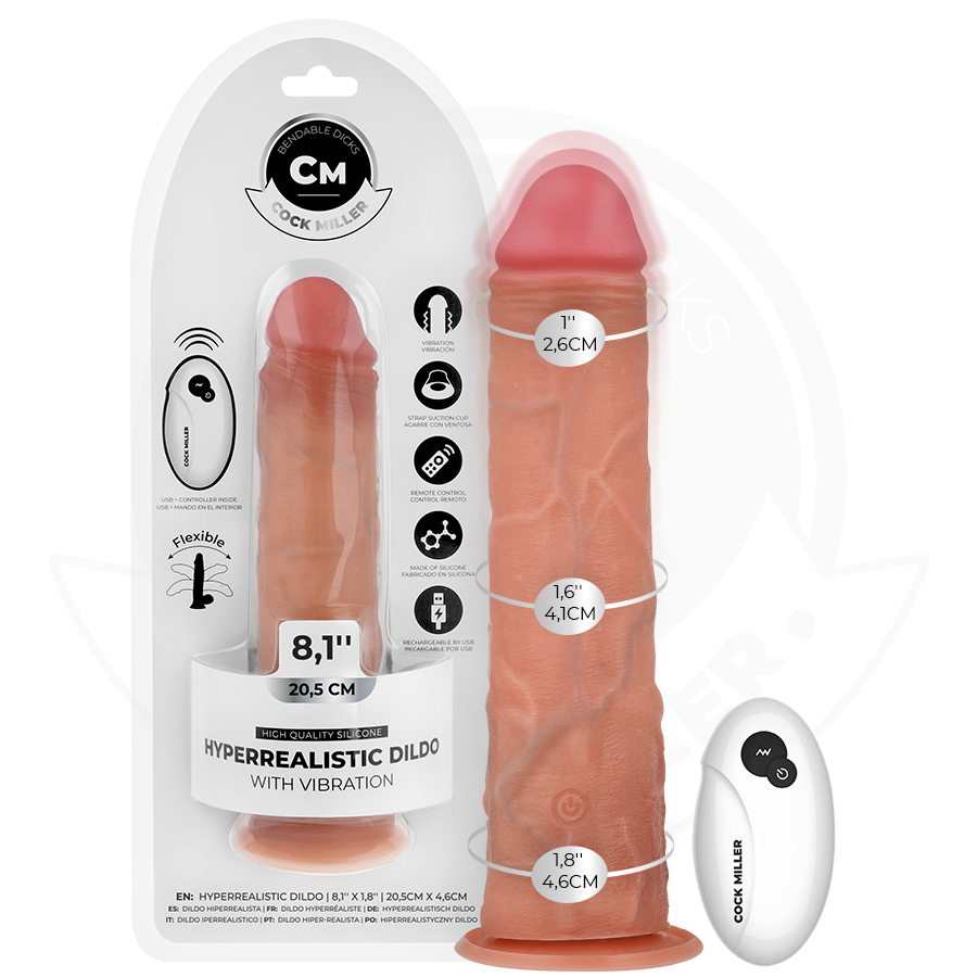 COCK MILLER - Realistisk dildo med sugekopp og vibrasjon med fjernkontroll 20,5 cm
