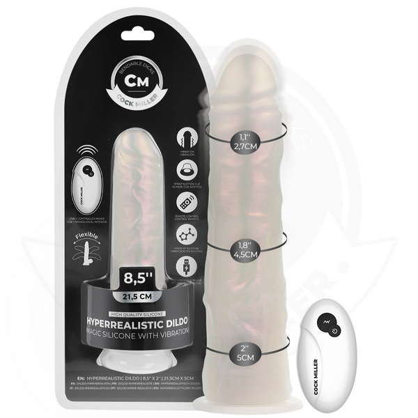 COCK MILLER - Dildo med sugekopp, lys og vibrasjon med fjernkontroll Hvit 21,5 cm