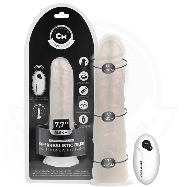 COCK MILLER - Dildo med sugekopp, lys og vibrasjon med fjernkontroll Hvit 19,5 cm