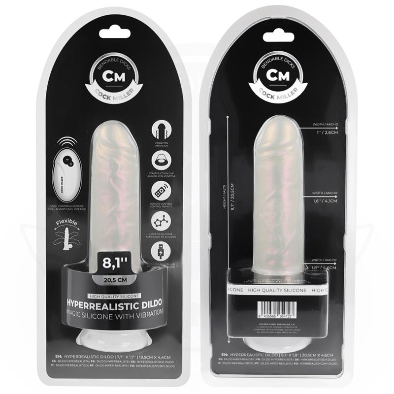 COCK MILLER - Dildo med sugekopp, lys og vibrasjon med fjernkontroll Hvit 20,5 cm
