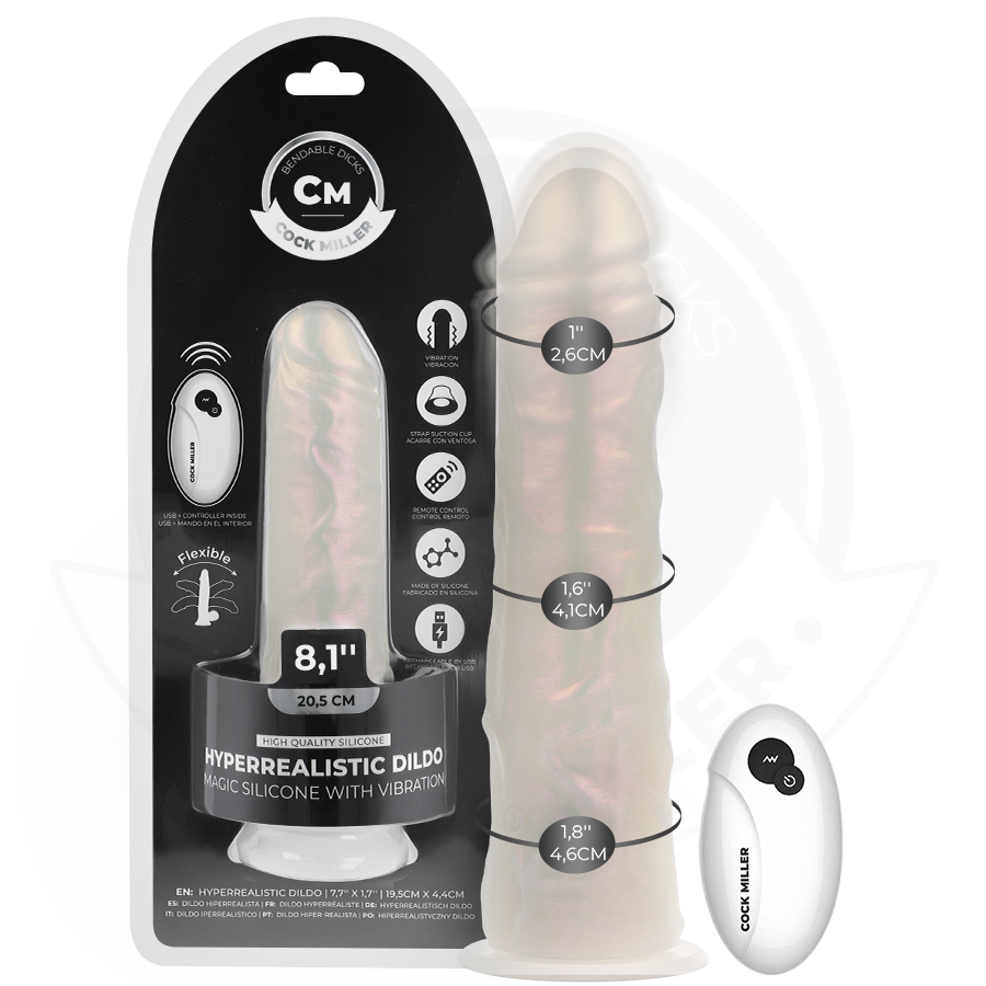 COCK MILLER - Dildo med sugekopp, lys og vibrasjon med fjernkontroll Hvit 20,5 cm