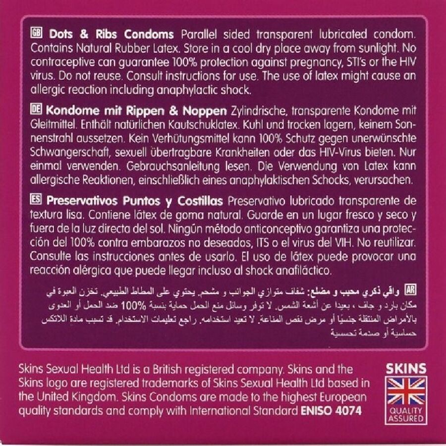 SKINS - Dots & Ribs Kondomer med Riller & Knopper 4 stk