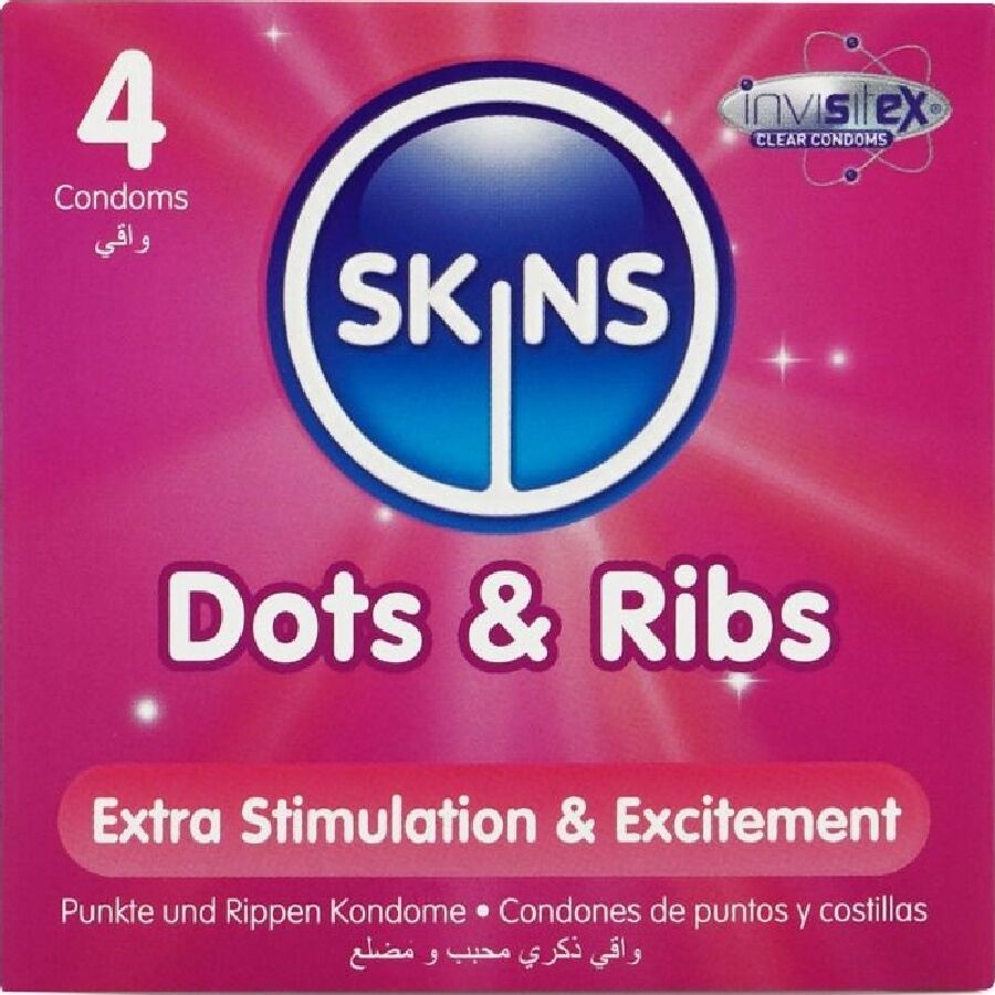 SKINS - Dots & Ribs Kondomer med Riller & Knopper 4 stk