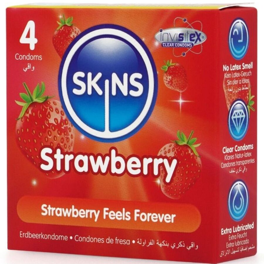 SKINS - Jordbær Smakskondomer 4-pakning