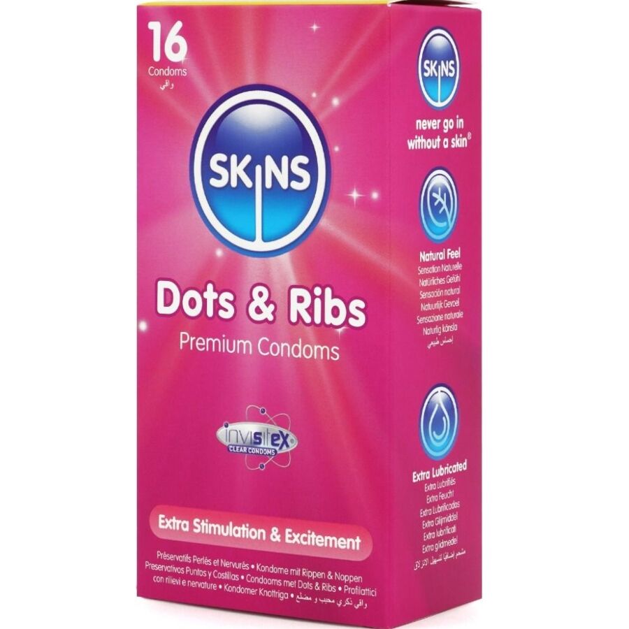 SKINS - Dots & Ribs Kondomer med riller og knopper 16-pakning