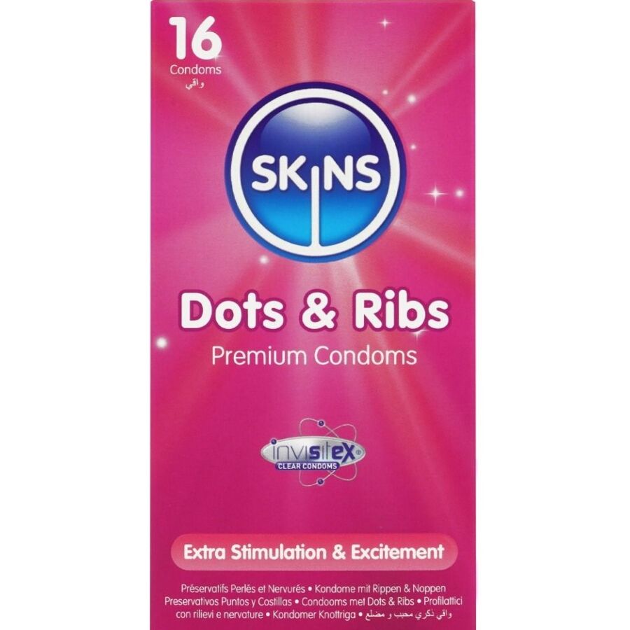 SKINS - Dots & Ribs Kondomer med riller og knopper 16-pakning