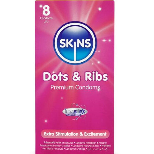 SKINS - Dots & Ribs Kondomer med Riller & Knopper 8 stk