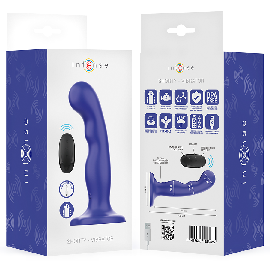 INTENSE - Shorty Vibrator med sugekopp Blå med fjernkontroll