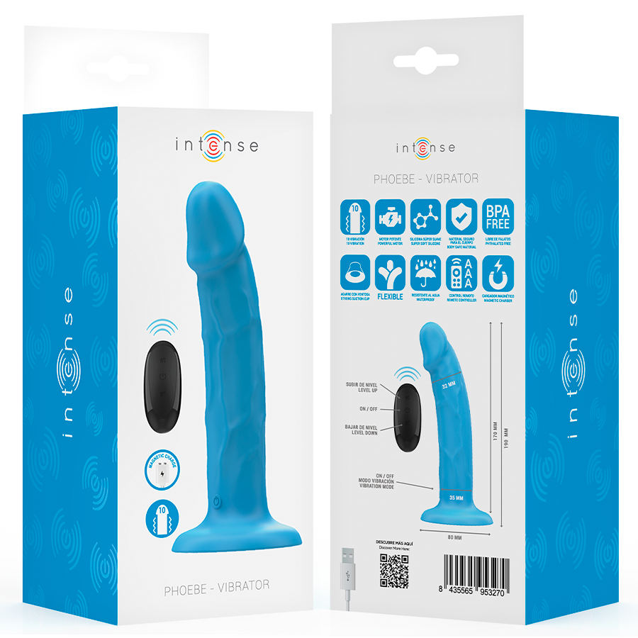 INTENSE - Phoebe Realistisk vibrator 10 vibrasjoner Blå med fjernkontroll