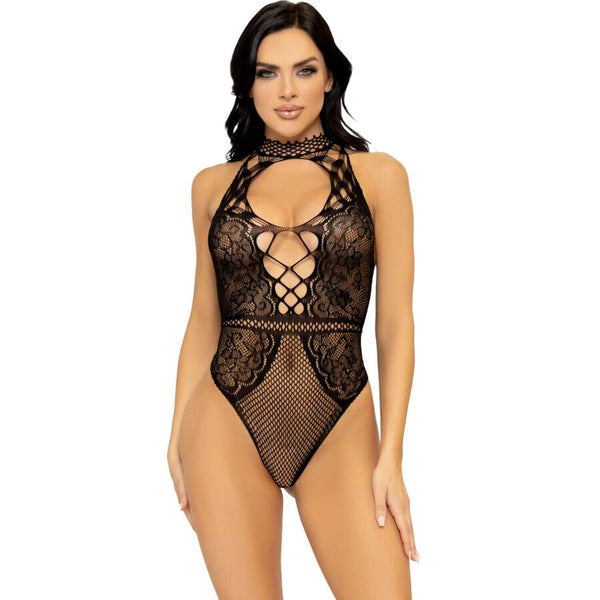 LEG AVENUE - Halterneck-body i netting & blonde med keyhole