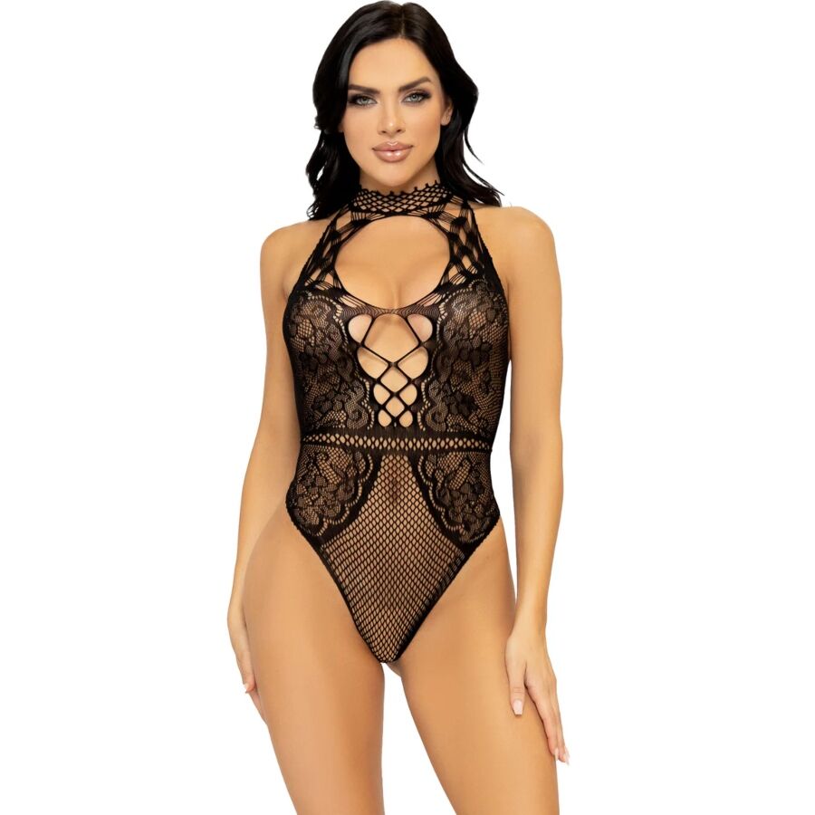 LEG AVENUE - Halterneck-body i netting & blonde med keyhole