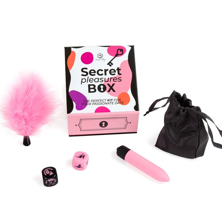 SECRET PLAY - Pleasures Box for Par: Terninger + Vibrerende Egg + Fjærpisk