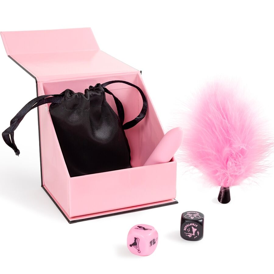 SECRET PLAY - Pleasures Box for Par: Terninger + Vibrerende Egg + Fjærpisk