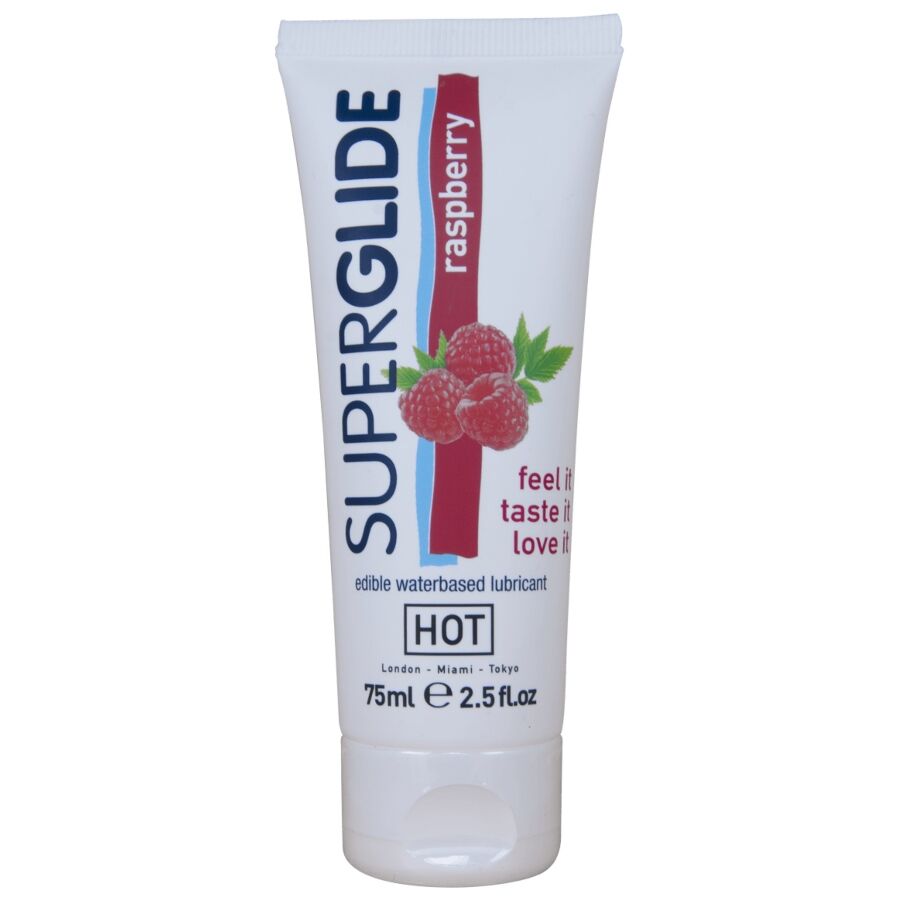 HOT - Superglide Spiselig Vannbasert Glidemiddel Bringebær 75 ml
