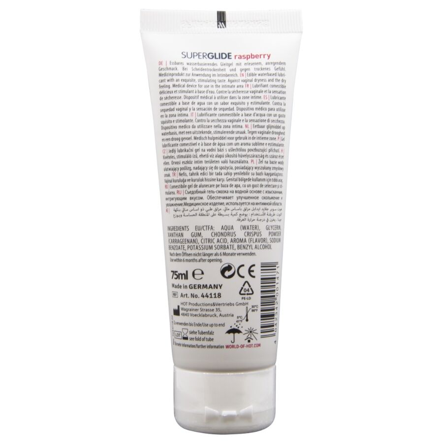 HOT - Superglide Spiselig Vannbasert Glidemiddel Bringebær 75 ml