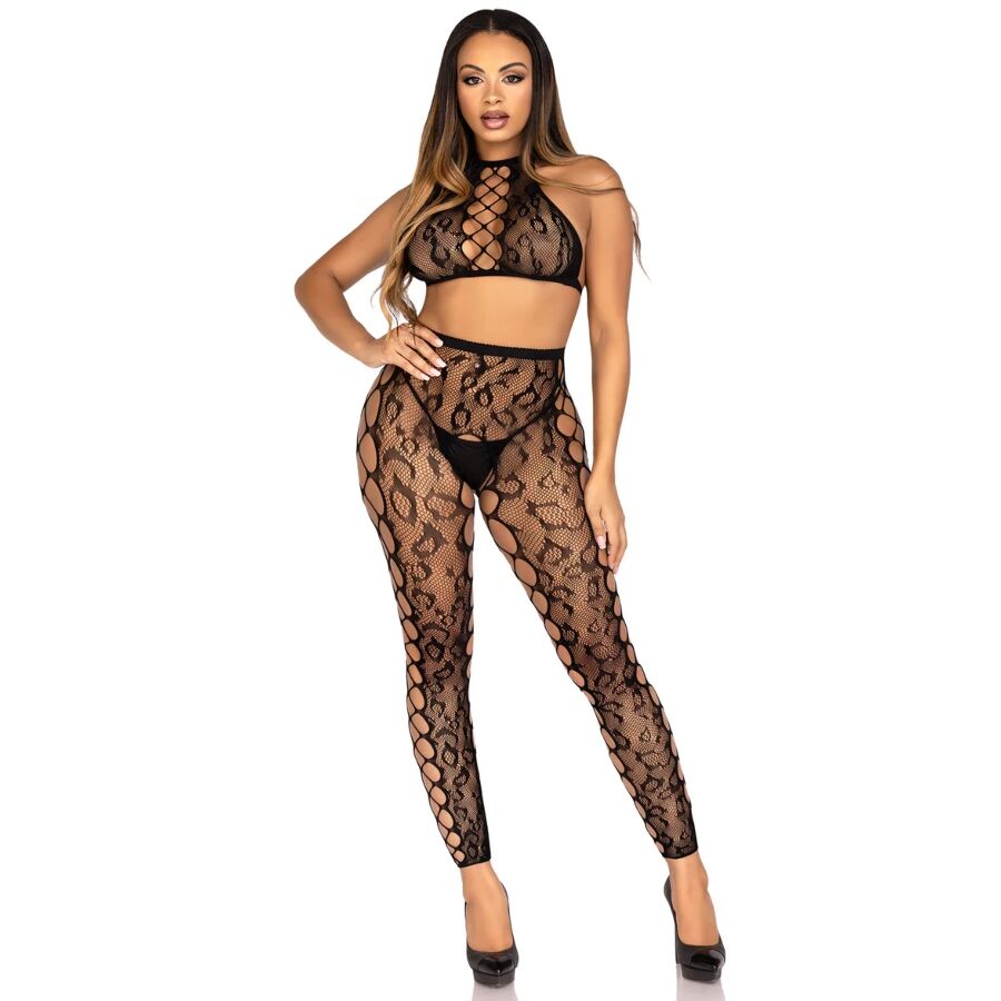 LEG AVENUE - Croptopp + Leggings med Åpen Skritt Sort (Leopard)