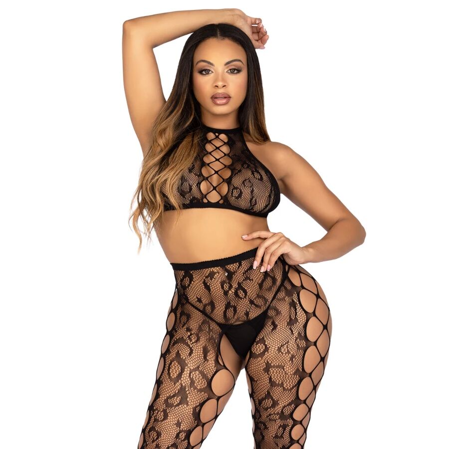 LEG AVENUE - Croptopp + Leggings med Åpen Skritt Sort (Leopard)