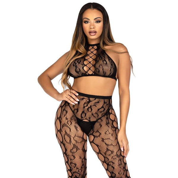 LEG AVENUE - Croptopp + Leggings med Åpen Skritt Sort (Leopard)