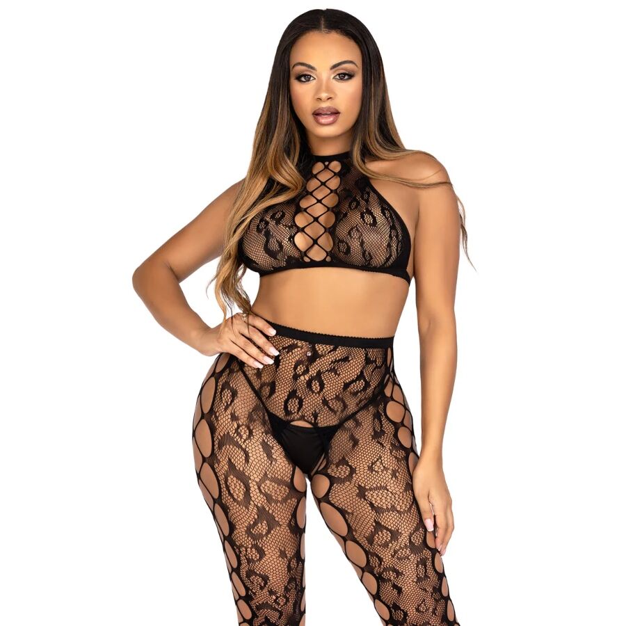 LEG AVENUE - Croptopp + Leggings med Åpen Skritt Sort (Leopard)