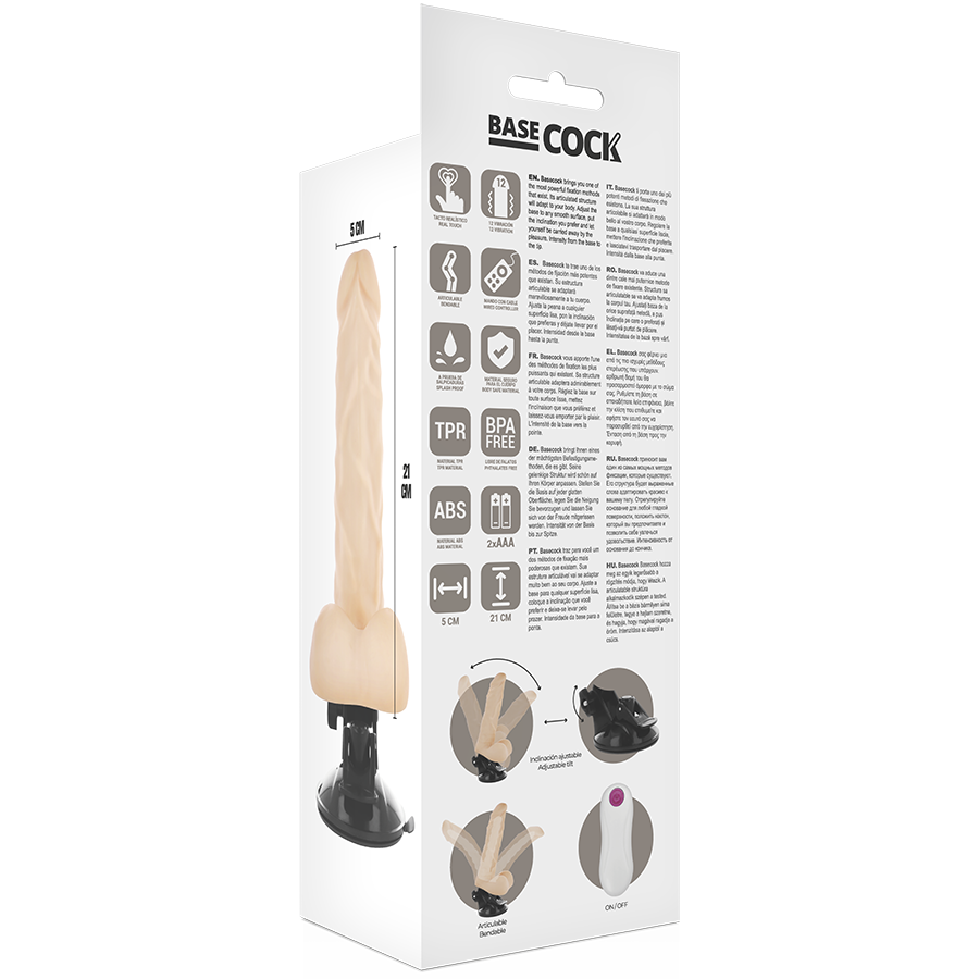 BASECOCK - Realistisk bøyelig vibrerende dildo med fjernkontroll Hud 21 cm