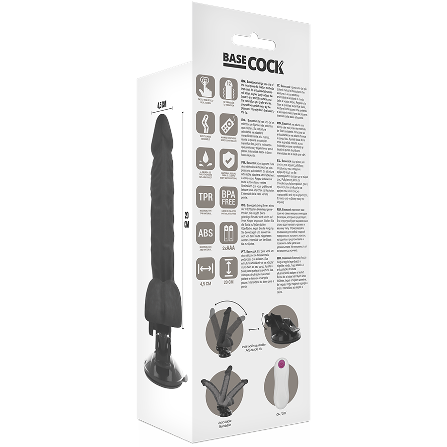 BASECOCK - Realistisk Bøyelig Vibrator med Fjernkontroll Sort 20 cm